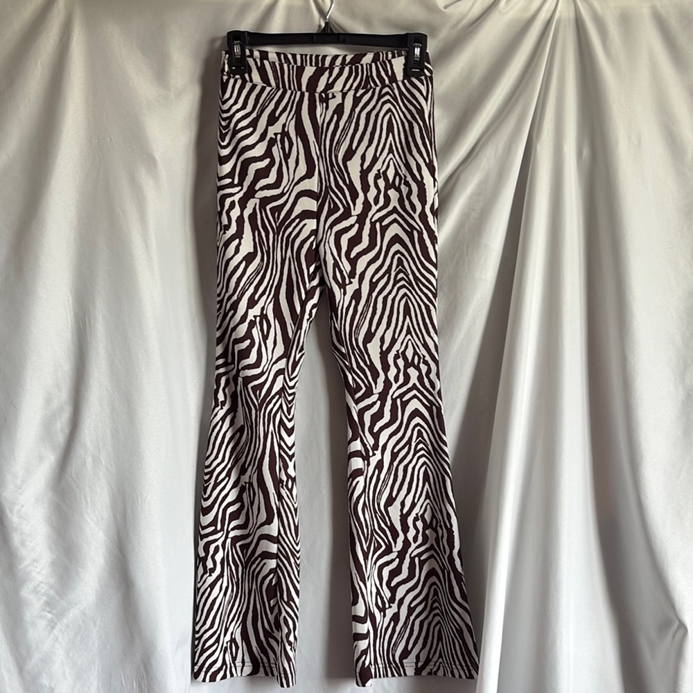 SHEIN Animal Print Flare Pants - Brown and White